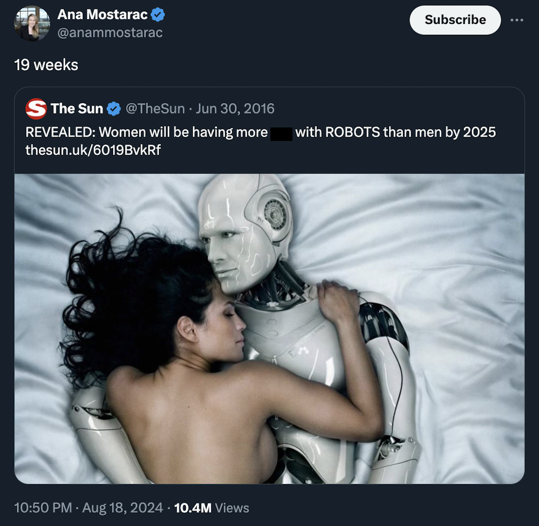 robot - Ana Mostarac 19 weeks S The Sun Subscribe Revealed Women will be having more with Robots than men by 2025 thesun.uk6019BvkRf 10.4M Views